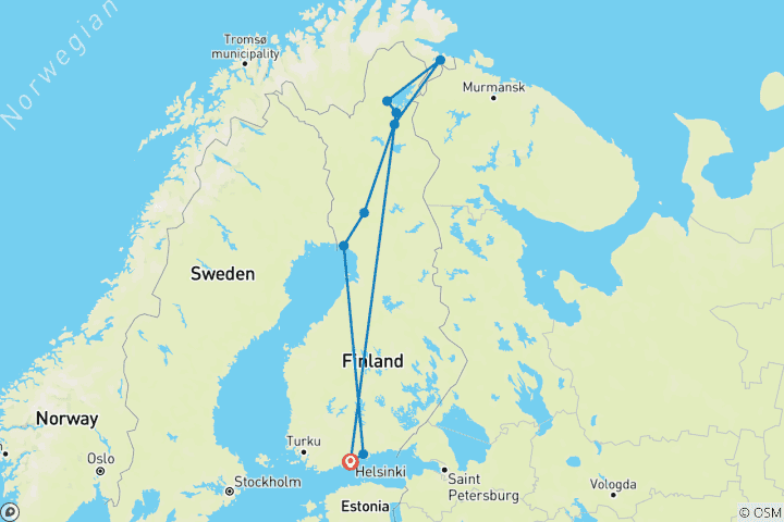 Map of Helsinki to Kirkenes - Beyond the Arctic Circle