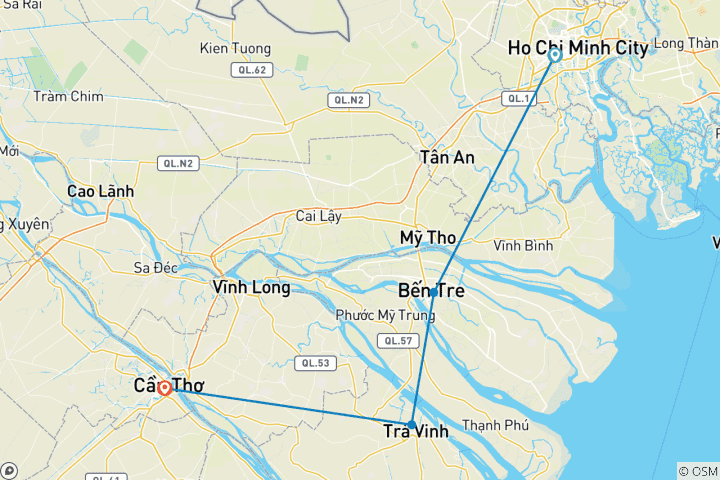 Kaart van Zelfgeleide verkenningsreis door de Mekong-delta