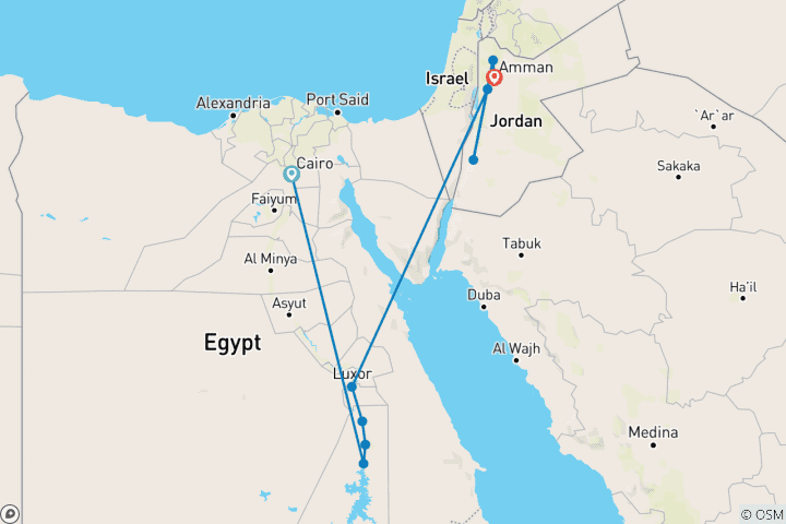 Kaart van Rondreis door ongelooflijk Egypte & Jordanië – 10 dagen