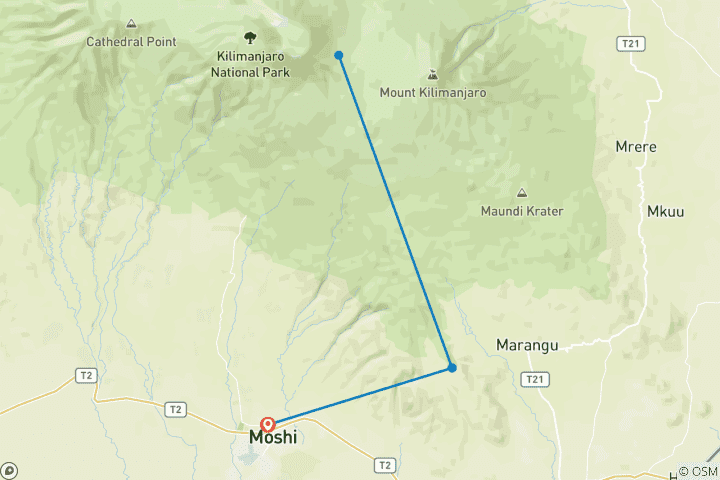 Map of 5 Days Cycling to Kilimanjaro