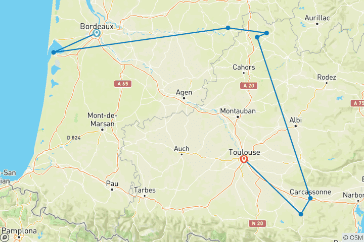 Map of A Taste of Southern France  - Bordeaux to Toulouse