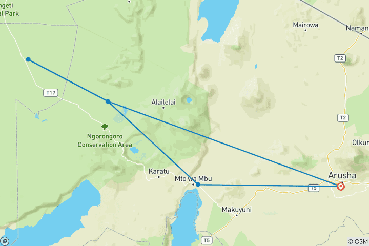 Carte du circuit 4 jours : Serengeti et Ngorongoro - 4x4 en groupe