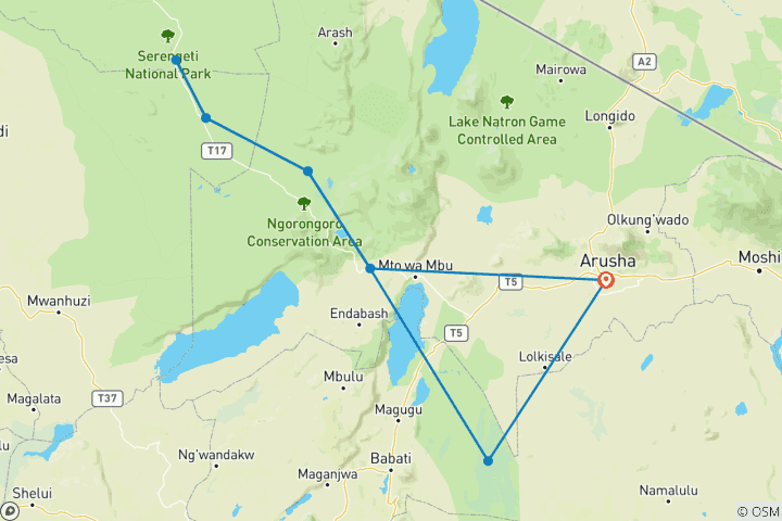 Map of 4 Days Ultimate Serengeti, Ngorongoro & Tarangire Private Safari.