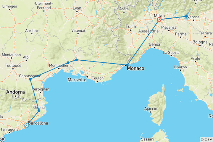 Map of Magical Barcelona, France & Italy -11 Days (Small Group)