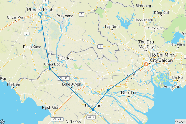 Map of 4-Day Downstream Mekong Cruise Tours From Phnom Penh To Saigon Via Can Tho, Chau Doc, Cai Be By Mekong Eyes Cruise