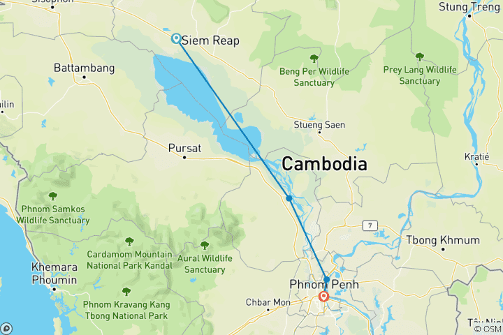 Kaart van Riviercruise op de Mekong - stroomafwaarts - van Siem Reap naar Phnom Penh - 4 dagen