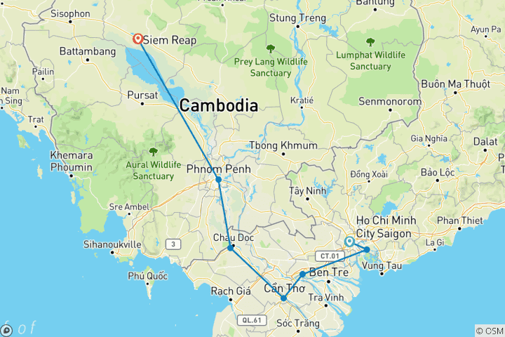 Kaart van Riviercruise op de Mekong - stroomopwaarts - van Vietnam naar Cambodja - 10 dagen