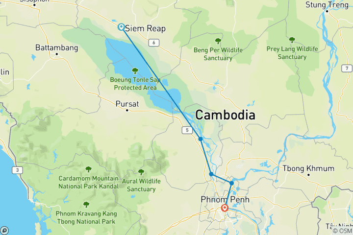 Map of Downstream Mekong River Cruise Tours from Siem Reap To Phnom Penh 3-Day