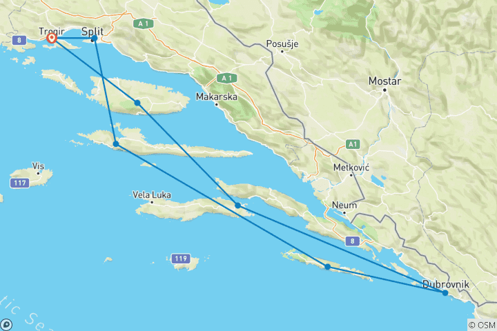 Karte von Kreuzfahrt zu den dalmatinischen Highlights in der Region Split und Dubrovnik