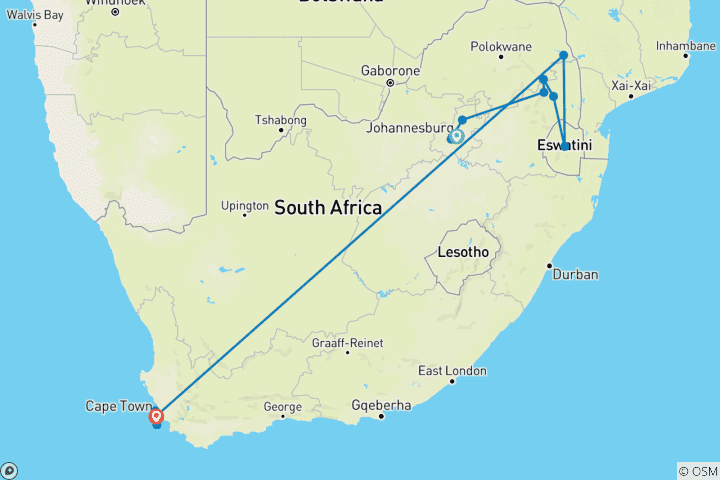 Carte du circuit Safari de luxe dans le parc Kruger et visite du Cap en autocar/autobus - avec vol intérieur
