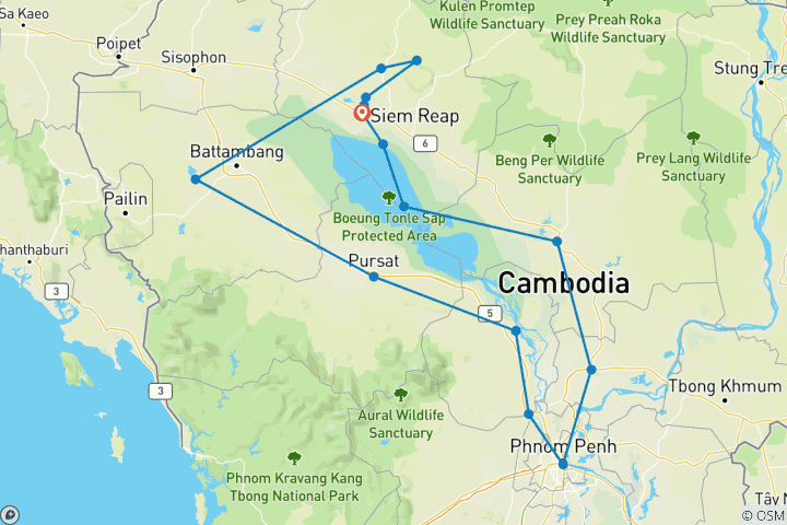 Kaart van Avontuurlijke rondreis door Cambodja – alle highlights – 10 dagen