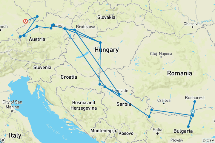 Map of Grand Danube Cruise 2025 Start Giurgiu, End Vilshofen