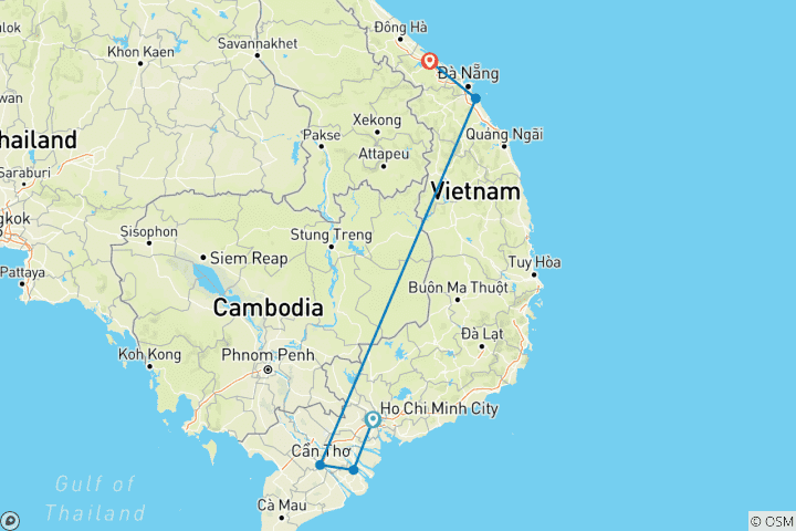 Carte du circuit Voyage à vélo du delta du Mékong à la côte centrale du Vietnam