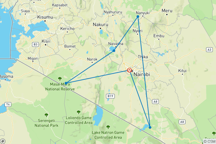 Kaart van 9Daagse Kenia Luxe Safari