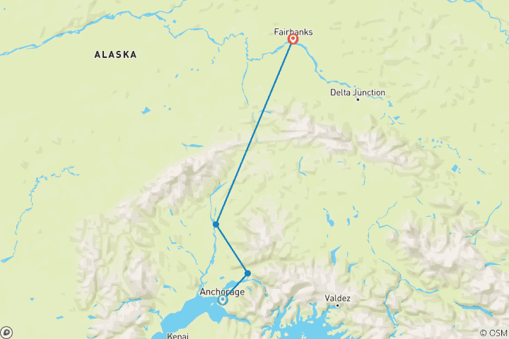 Map of Alaska's Northern Lights  (Anchorage, AK to Fairbanks, AK)