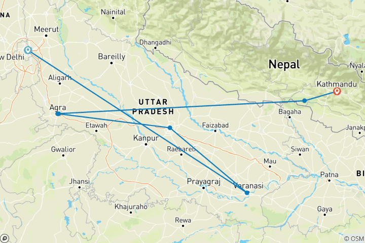 Kaart van Queeste van Delhi naar Kathmandu - 12 dagen