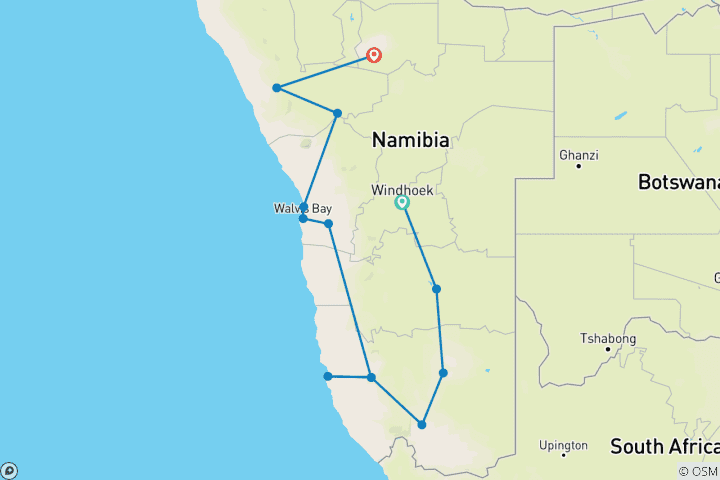 Carte du circuit Roadtrip en Namibie : Canyonscape & Safari Adventure