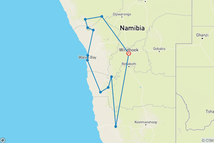 Map of Namibia Road Trip: Canyonscape & Safari Adventure