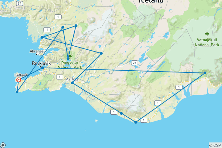 Carte du circuit Aventure hivernale en Islande : aurores boréales & glaciers éternels