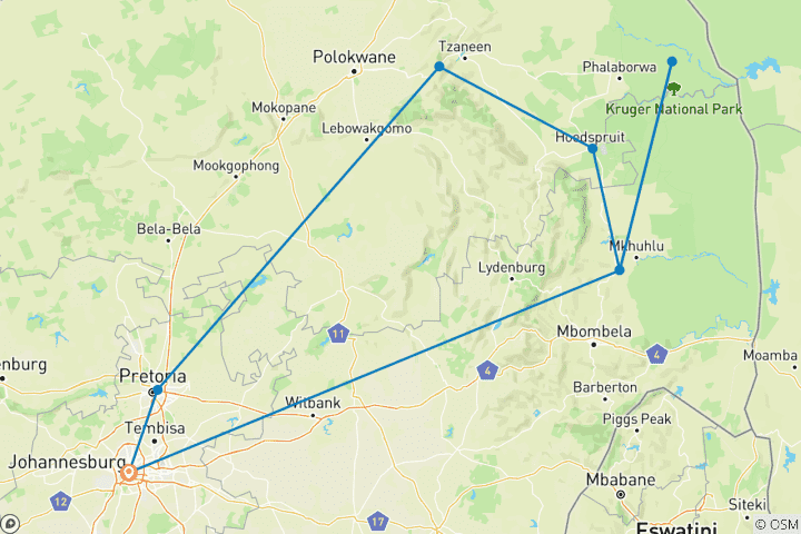 Map of South Africa Road Trip Wildlife Glamping & Kruger Safari (8 destinations)