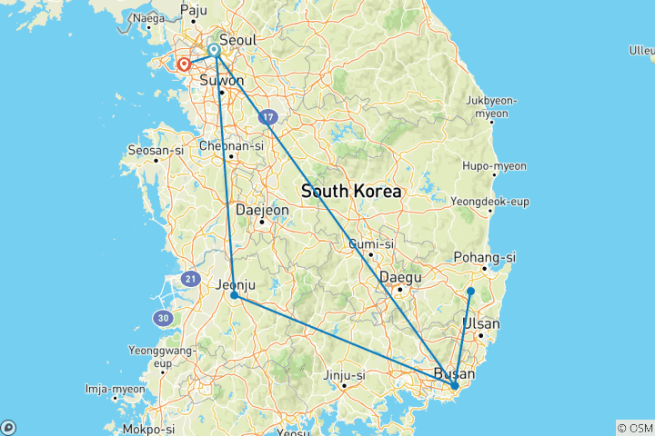 Map of South Korea by Train: From Skylines & Temples to Nature Adventure (from Seoul to Incheon)