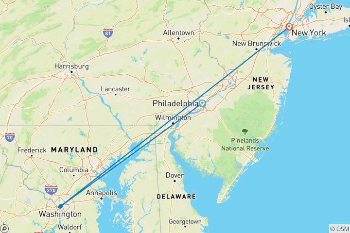 Carte du circuit USA by Train : Big Apple, Philly Streets & Capitol (from Philadelphie to New York)