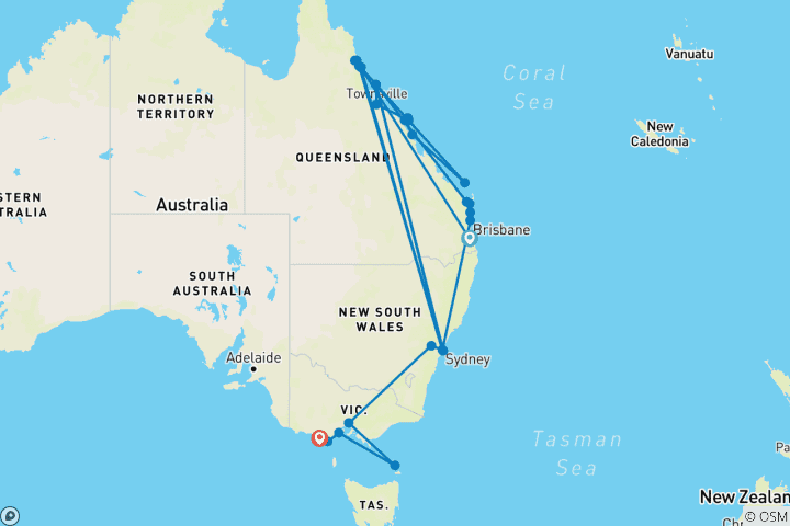 Kaart van Australisch Vanlife: Oostkust & zonovergoten wonderen! (van Brisbane naar Port Campbell)