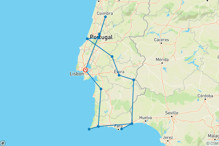 Kaart van Road Trip Zuid-Portugal: woeste vlakten & vurige rode kusten