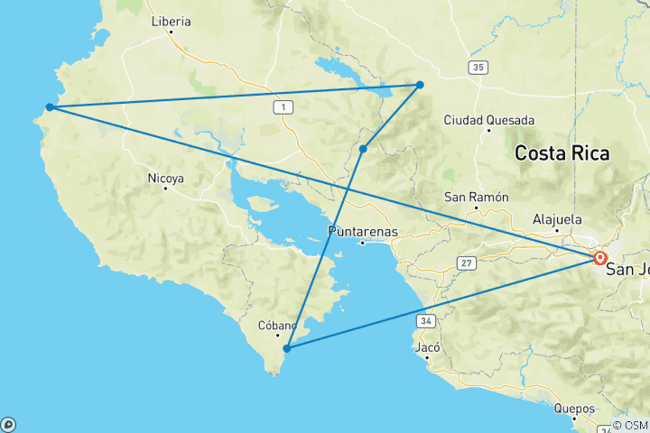 Carte du circuit Liste de choses à faire au Costa Rica : Jungle Nights & Pura Vida !