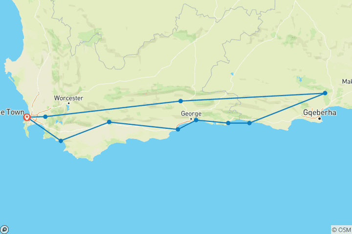 Map of South Africa Road Trip: On the Garden Route to the Big Five (11 destinations)