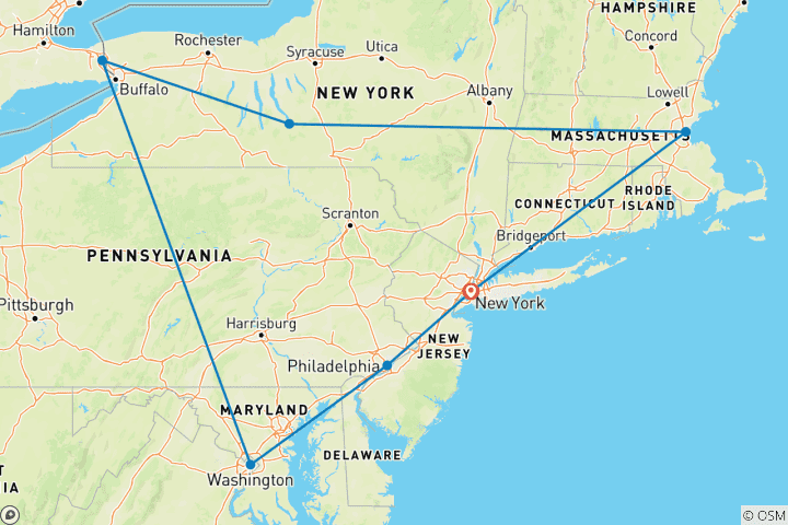 Carte du circuit Roadtrip aux États-Unis : de la Grosse Pomme aux Chutes du Niagara