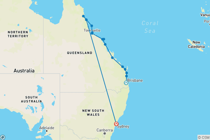 Karte von Australian Roadtrip: East Coast & Nature Adventure! (18 Destinationen)