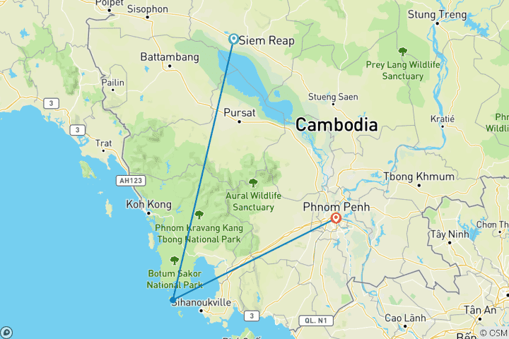 Mapa de Lista de cosas que hacer en Camboya: Templo, Comida Callejera y Aventura en la Isla