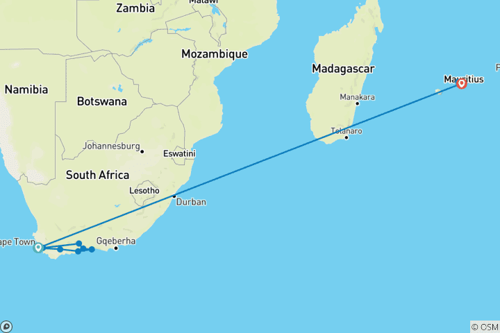 Map of South Africa & Mauritius: Garden Route to Island Adventure (14 destinations)