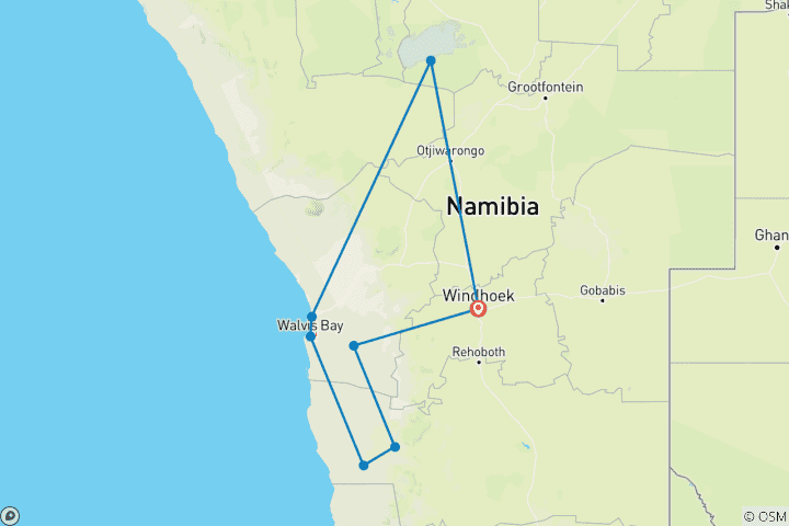 Map of Namibia Bucketlist: Desert Glamping & Safari Road Trip