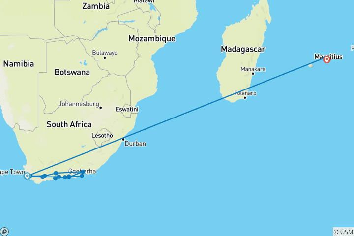 Map of South Africa & Mauritius: Garden Route to Island Adventure (17 destinations)