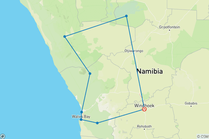 Map of Namibia Road Trip: Safari glamping & Fiery Red Deserts