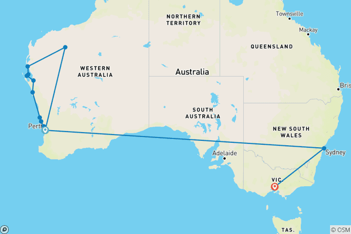 Kaart van Australisch busleven: wonderen van de westkust & outback vibes!