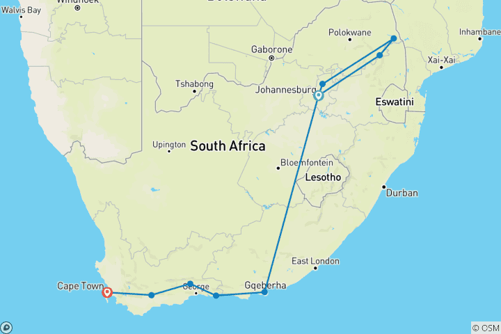 Karte von Südafrika Roadtrip: Abenteuer zwischen Krüger, Kap & Küste (einschließlich Port Elizabeth)