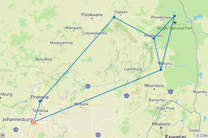 Map of South Africa Road Trip Wildlife Glamping & Kruger Safari (10 destinations)