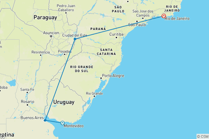 Kaart van Argentinië, Brazilië & Uruguay: Copacabana ontmoet de watervallen van Iguazú