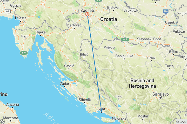 Karte von Von Split nach Zagreb Rundreise