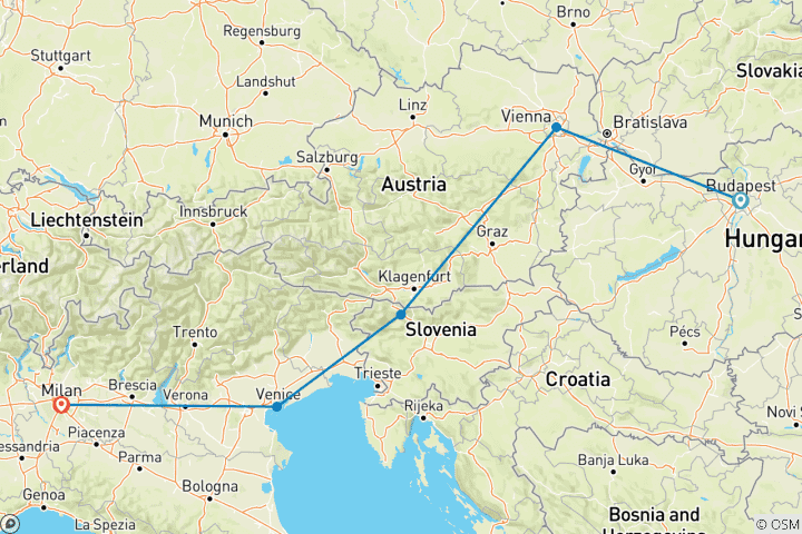 Mapa de Europa en tren de Budapest a milán