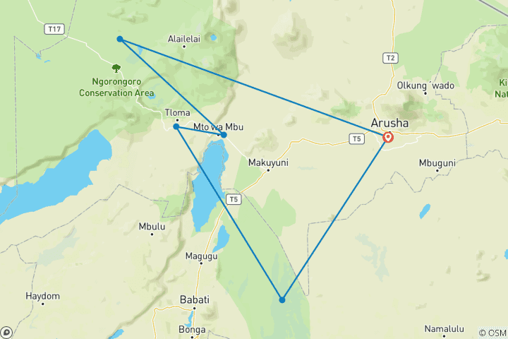 Map of The Perfect Itinerary First Time 2 Days in Tanzania - Tarangire and Ngorongoro crater with Reasonable Price.