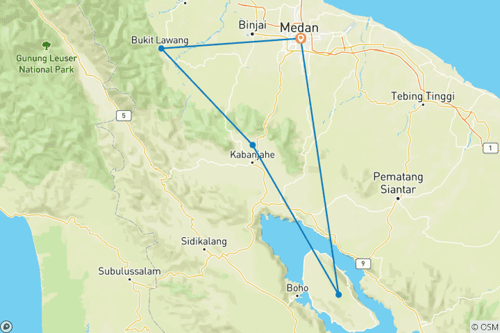 Map of 8 days group tour through North-Sumatra