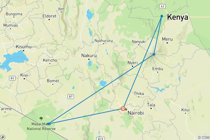 Mapa de Safari de lujo en avión de 6 días por Samburu, Ol Pejeta y Maasai Mara - Alta gama