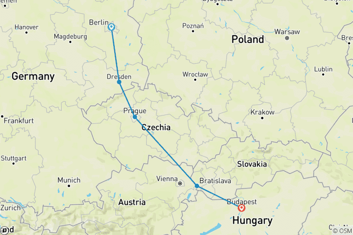 Map of Berlin to Budapest