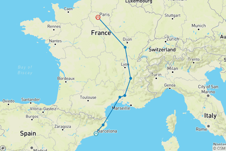 Map of Barcelona to Paris (8 destinations)