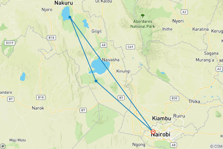 Carte du circuit Le safari familial de 5 jours avec guide de première qualité au Kenya | Le meilleur forfait de safari familial au départ de Nairobi