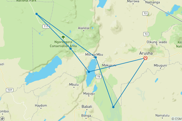 Carte du circuit Découvrez le meilleur forfait de 7 jours de safari en Tanzanie pour découvrir la vie sauvage.